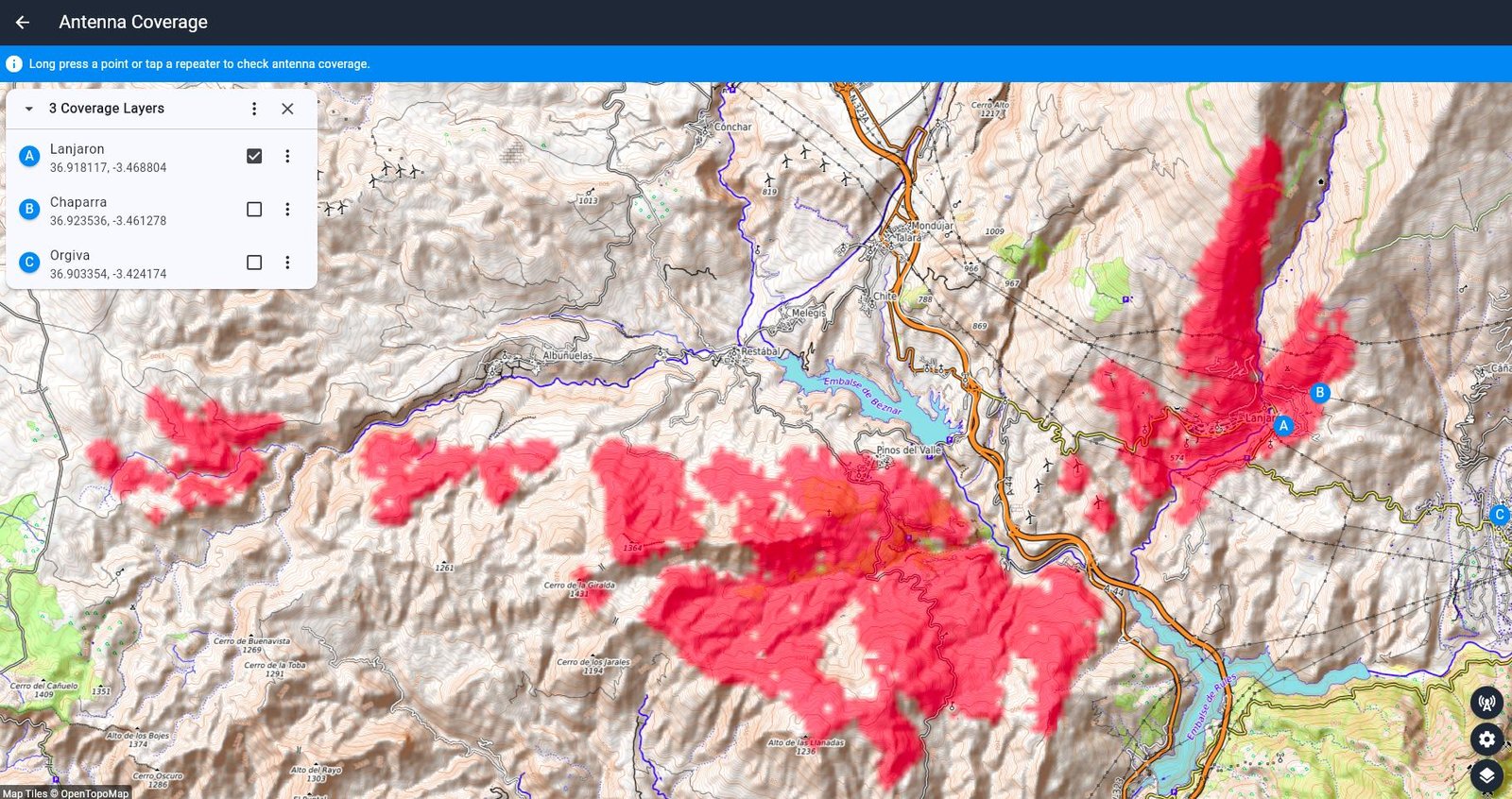 NomadNet / Meshcore current coverage map for the Alpujarras